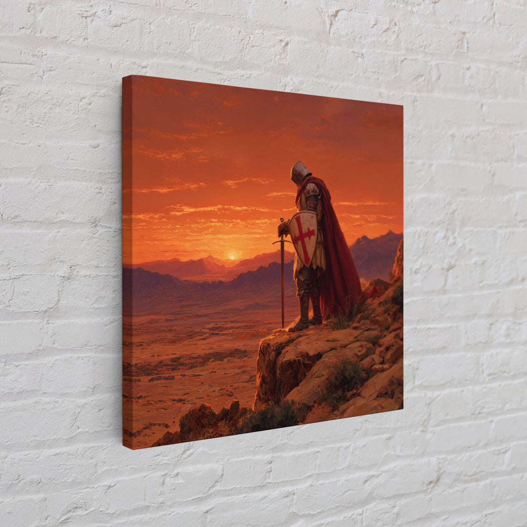 Crusader Knight At Sunset Canvas Print, Medieval Fantasy Art, Red Desert Landscape, Gothic Wall Decor, Gift For Him, Man Cave Decor
