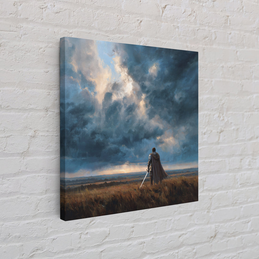 Lone Warrior Beneath Storm Clouds Wall Art, Medieval Fantasy Landscape Painting, Dark Academia Decor, Gift For Him Poster