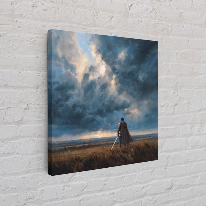 Lone Warrior Beneath Storm Clouds Wall Art, Medieval Fantasy Landscape Painting, Dark Academia Decor, Gift For Him Poster
