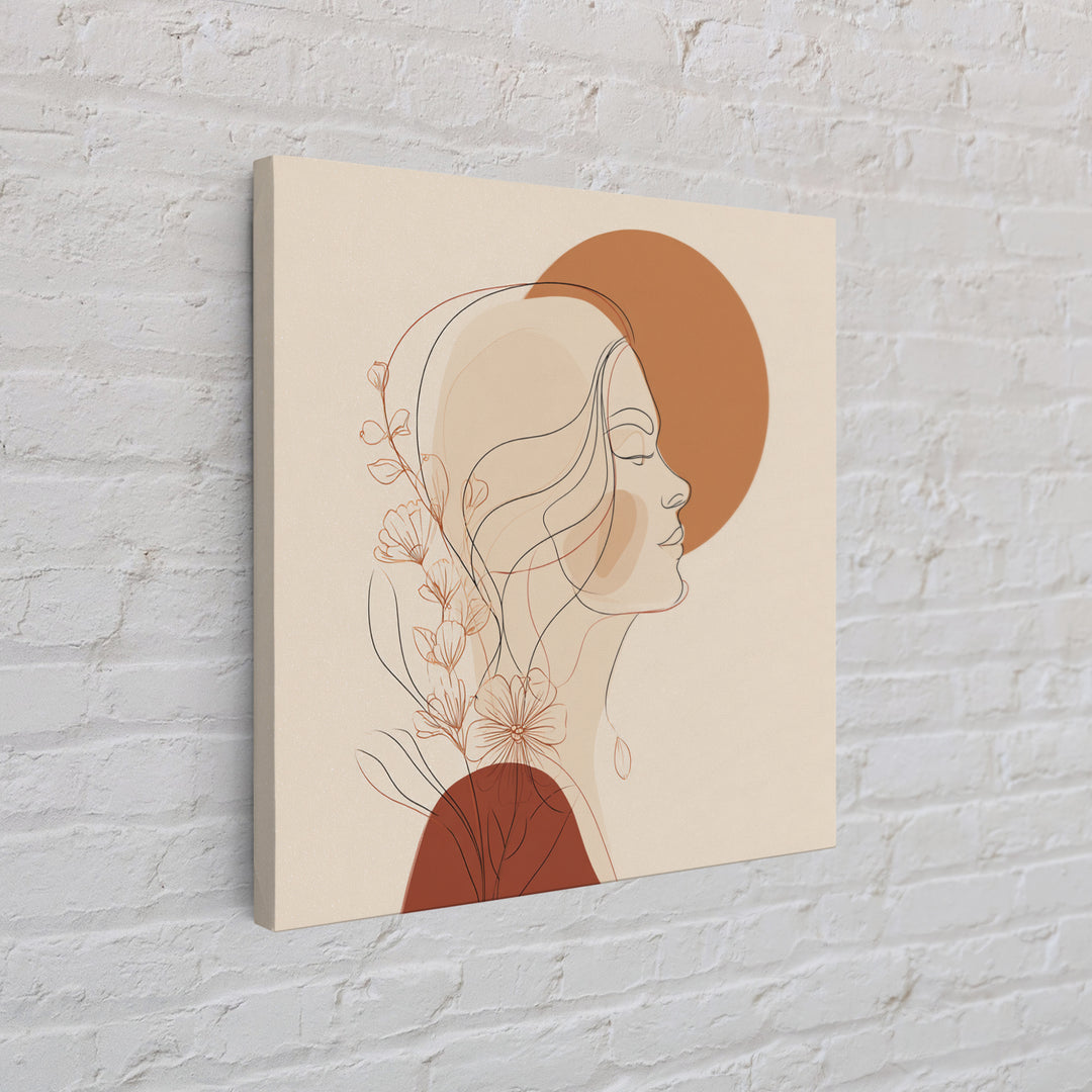 Floral Woman Line Art Canvas Print, Terracotta Sun Portrait Wall Art, Feminine Boho Decor, Minimalist Bedroom Art Print For Her