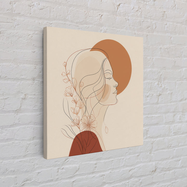 Floral Woman Line Art Canvas Print, Terracotta Sun Portrait Wall Art, Feminine Boho Decor, Minimalist Bedroom Art Print For Her