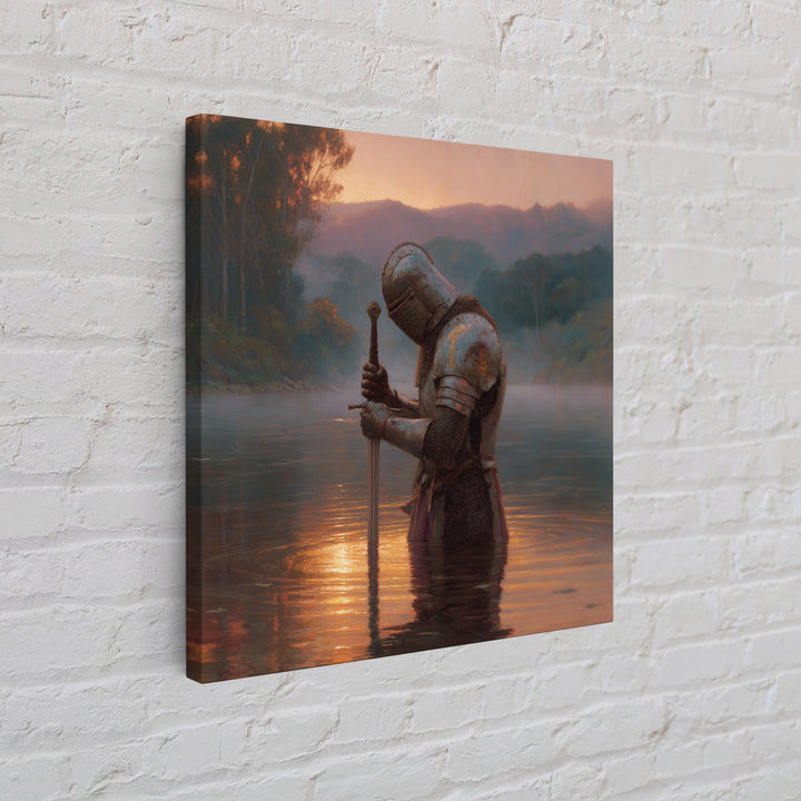 Armored Knight In Sunset River Wall Art, Medieval Fantasy Landscape Painting, Moody Rustic Decor, Historical Canvas Print