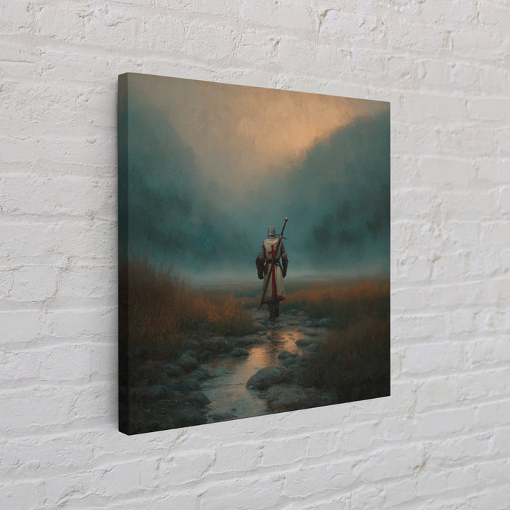Foggy Knight Mountain Path Wall Art, Moody Fantasy Landscape Print, Medieval Warrior Decor, Rustic Home Decor Gift For Living Room