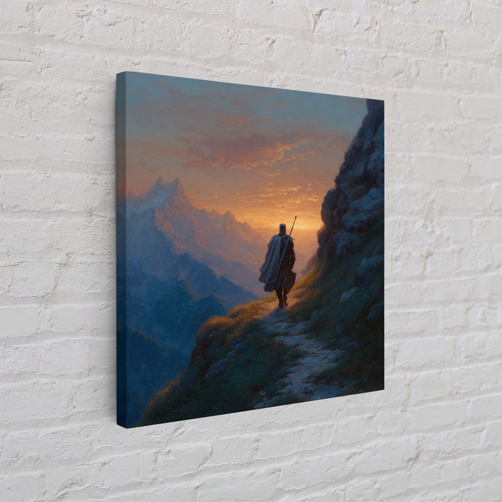 Lone Traveler On Mountain Path Wall Art, Sunset Fantasy Landscape Canvas Print, Epic Adventure Decor For Living Room Home Decor