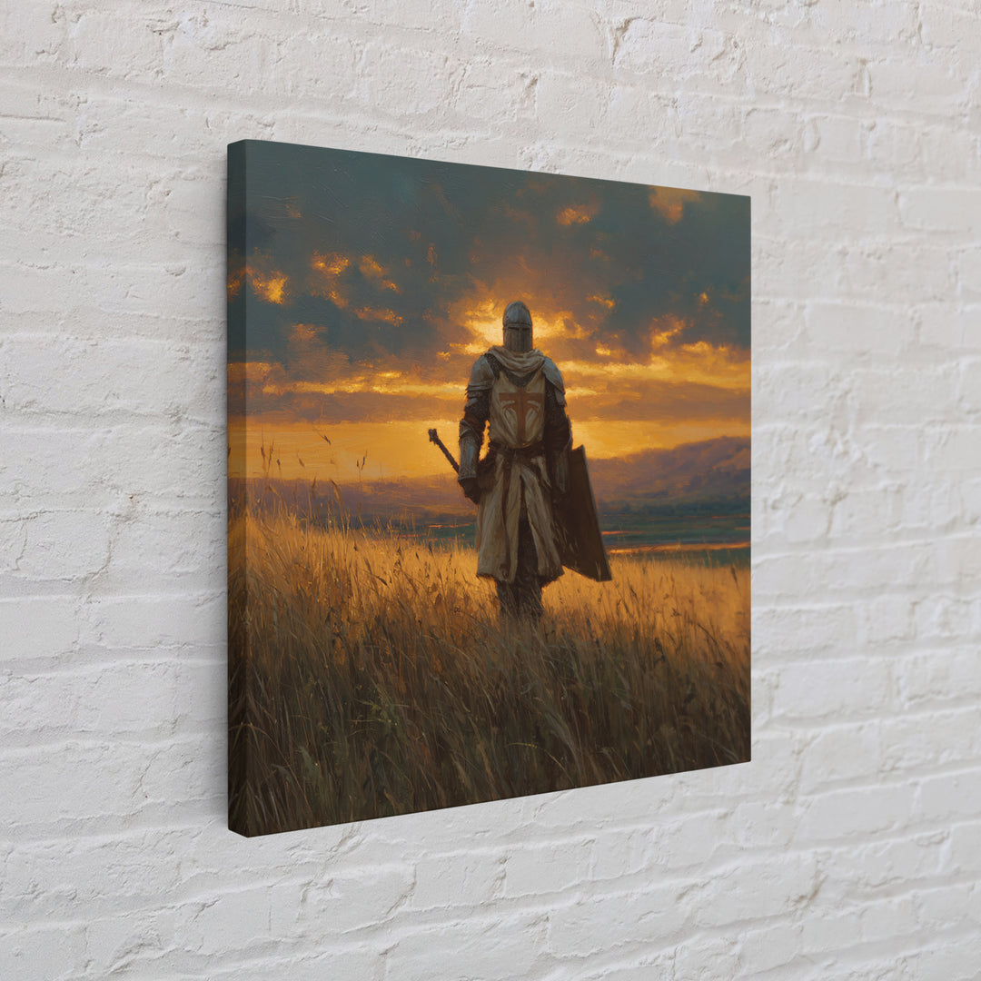 Lone Knight Sunset Field Canvas Print, Medieval Landscape Wall Art, Fantasy Warrior Decor, Rustic Home Decor, Gift For Him