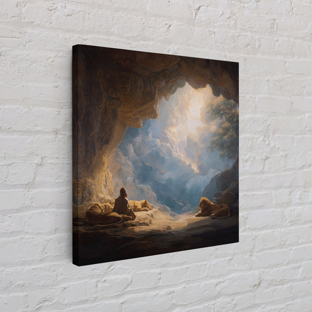 Cave Sanctuary With Lions And Heavenly Clouds Wall Art, Fantasy Landscape Canvas, Spiritual Home Decor, Mystical Gift Print