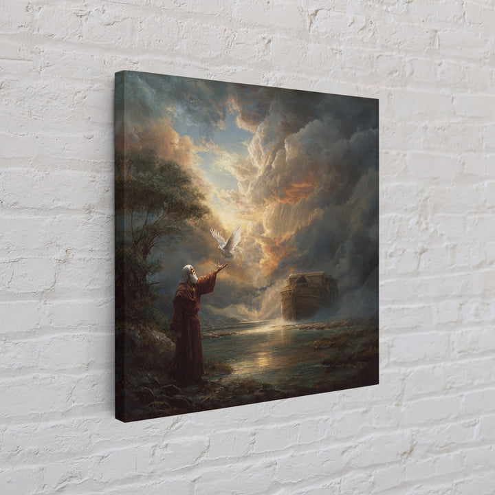 Noah Releasing Dove Before Storm Canvas Print, Biblical Wall Art, Christian Artwork, Dramatic Landscape Decor, Faith Gift