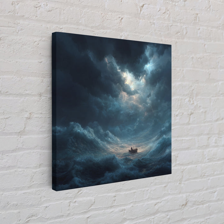 Tiny Boat In Stormy Ocean Wall Art, Dramatic Seascape Canvas Print, Nautical Coastal Decor, Moody Ocean Painting Gift For Him