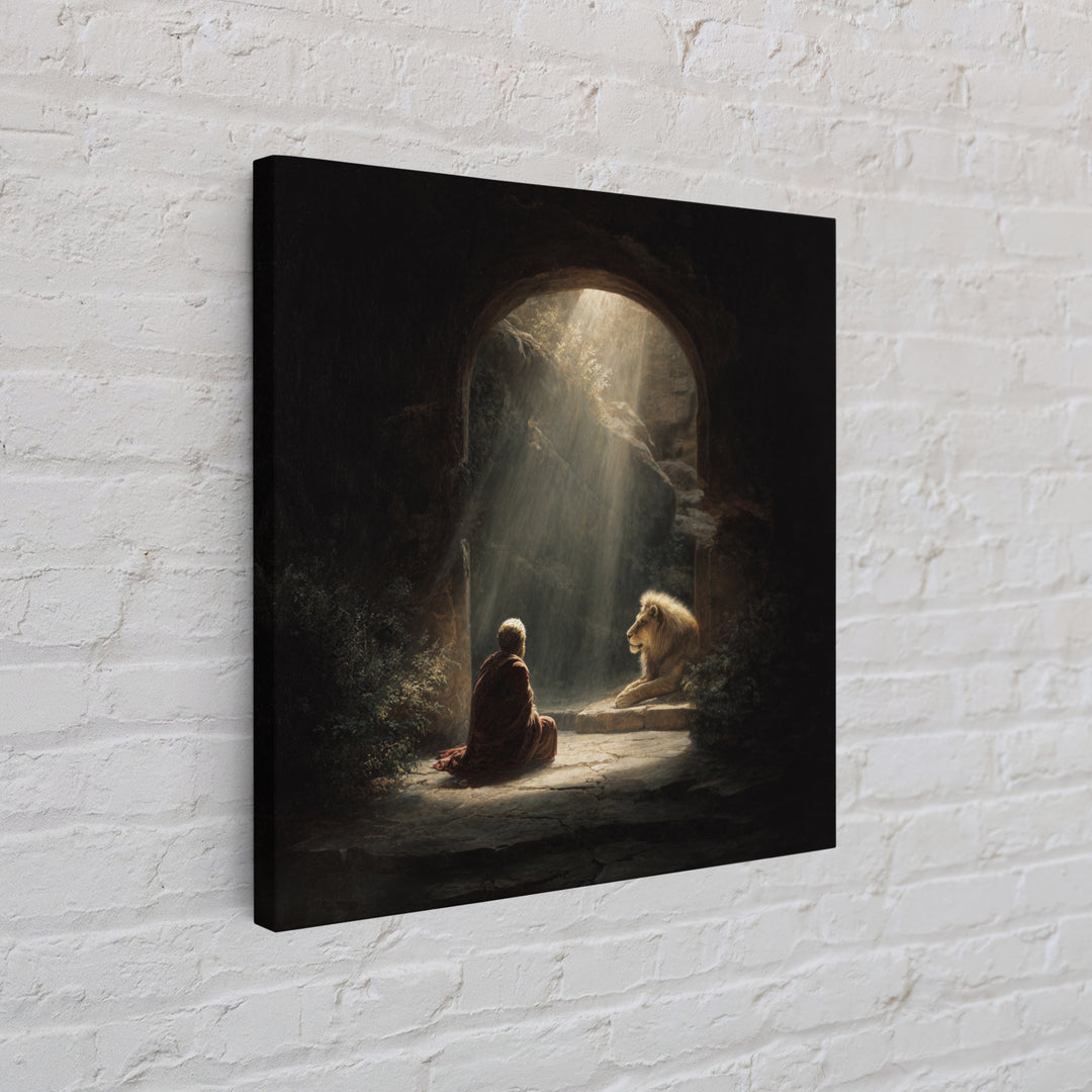 Child And Lion In Sunlit Cave Wall Art, Spiritual Fantasy Painting, Inspirational Decor, Storybook Artwork, Unique Gift For Her