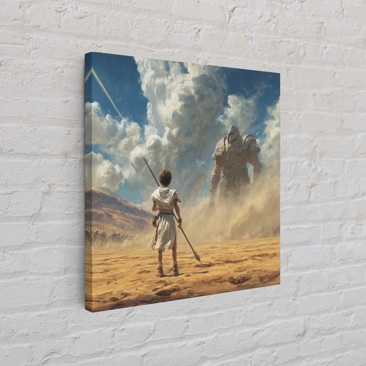Young Warrior Facing Desert Giant In Dust Canvas Print, Biblical Wall Art, Fantasy Decor, David And Goliath Gift For Him