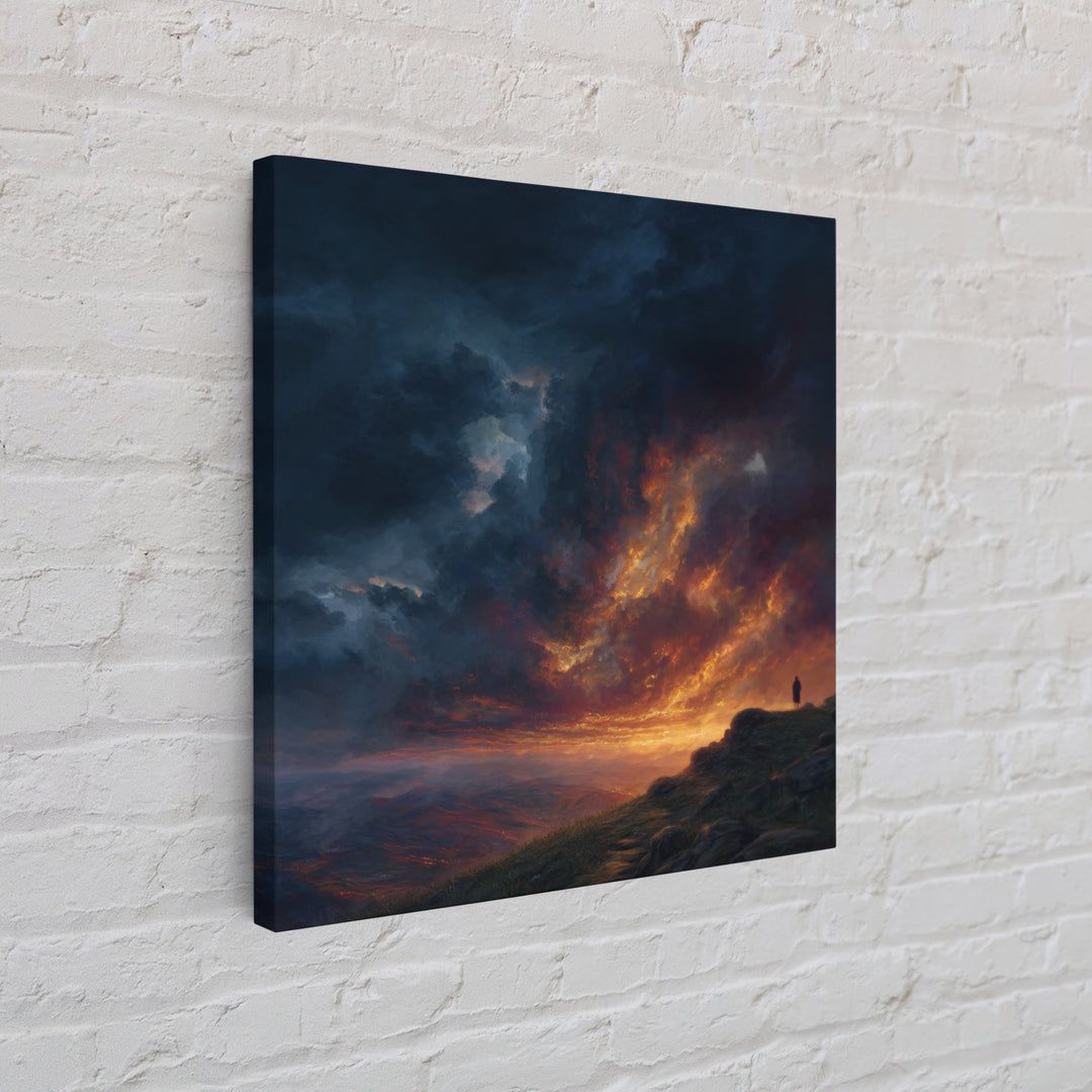 Lone Figure Under Fiery Storm Clouds Wall Art, Dramatic Landscape Canvas Print, Moody Fantasy Decor, Statement Artwork Gift