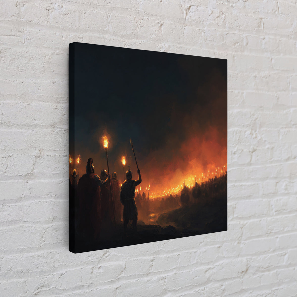 Torchlit Ancient Army At Night Wall Art, Dark Fantasy Canvas Print, Warrior Battle Scene, Moody Medieval Decor, Man Cave Gift