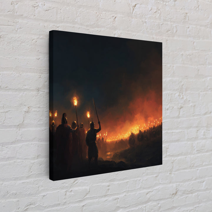 Torchlit Ancient Army At Night Wall Art, Dark Fantasy Canvas Print, Warrior Battle Scene, Moody Medieval Decor, Man Cave Gift