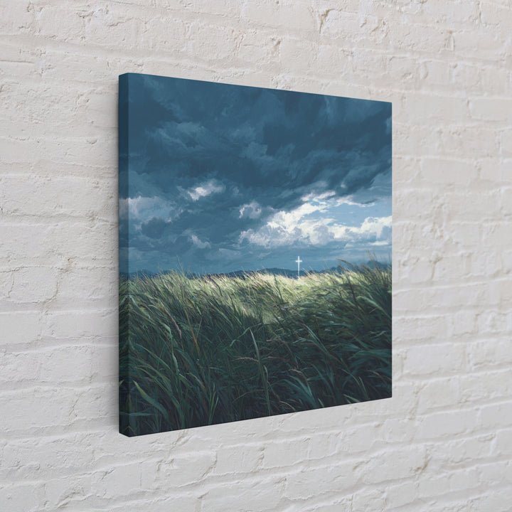 Stormy Field With Glowing Cross Wall Art, Christian Canvas Print, Moody Landscape Decor, Faith Inspired Prayer Room Art, Gift