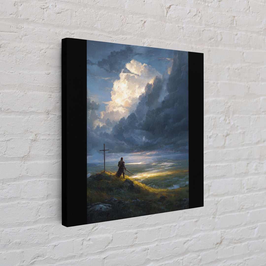 Lone Knight At Cross Under Storm Clouds Framed Canvas Print, Christian Wall Art, Dramatic Landscape, Faith Home Decor Gift