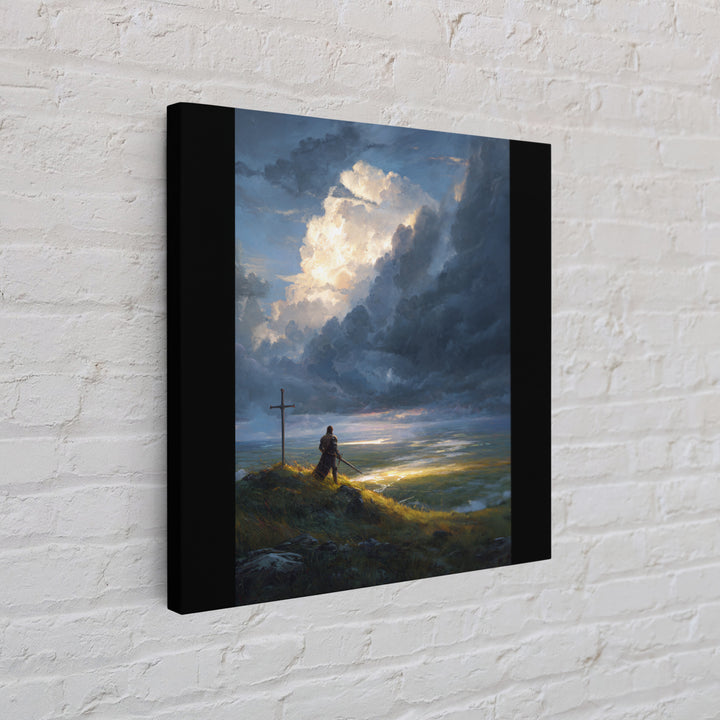 Lone Knight At Cross Under Storm Clouds Framed Canvas Print, Christian Wall Art, Dramatic Landscape, Faith Home Decor Gift