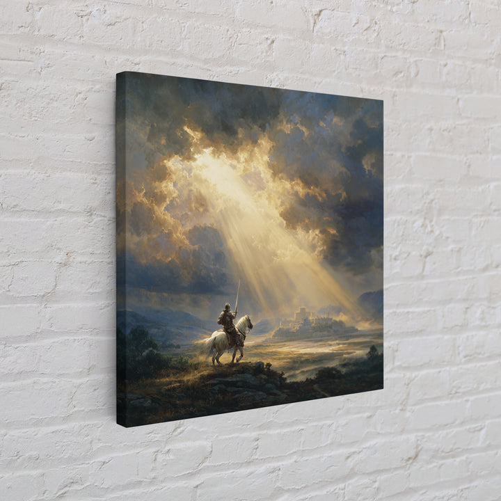 Mounted Knight Beneath Sunbeams Framed Canvas Print, Medieval Landscape Wall Art, Christian Artwork, Castle Decor Gift For Him