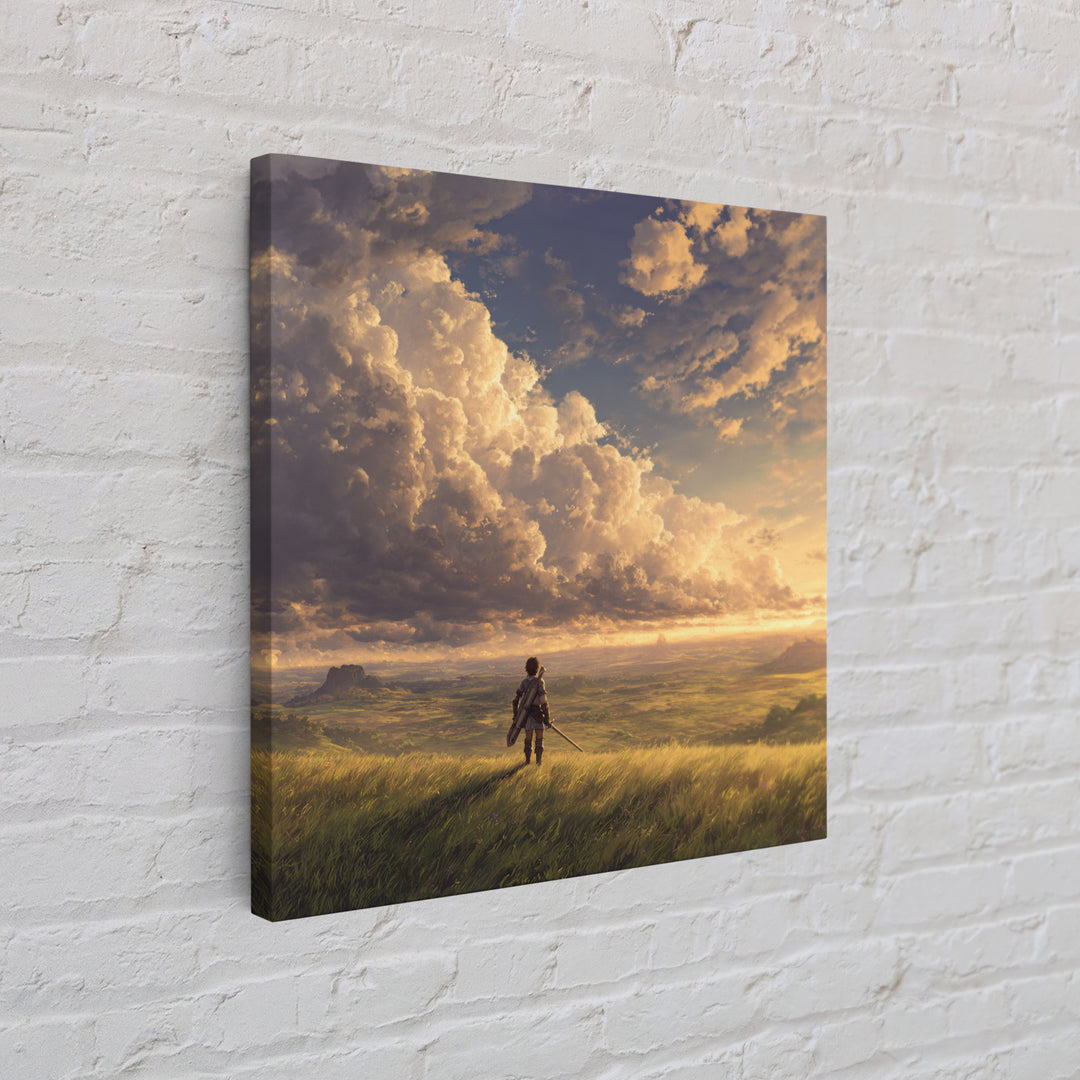 Lone Traveler Under Golden Clouds Wall Art, Fantasy Landscape Painting, Adventure Canvas Print For Bedroom And Living Room Decor