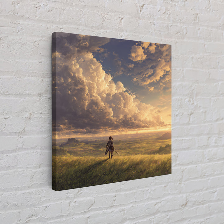 Lone Traveler Under Golden Clouds Wall Art, Fantasy Landscape Painting, Adventure Canvas Print For Bedroom And Living Room Decor