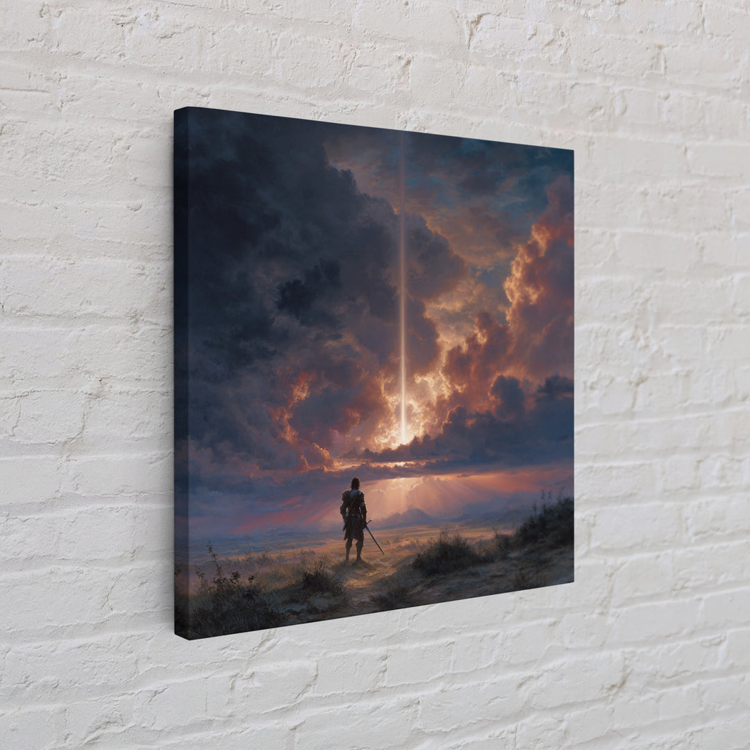 Lone Warrior Under Divine Sky Canvas Print, Fantasy Landscape Art, Dramatic Cloudscape Wall Decor, Medieval Adventure Gift For Him