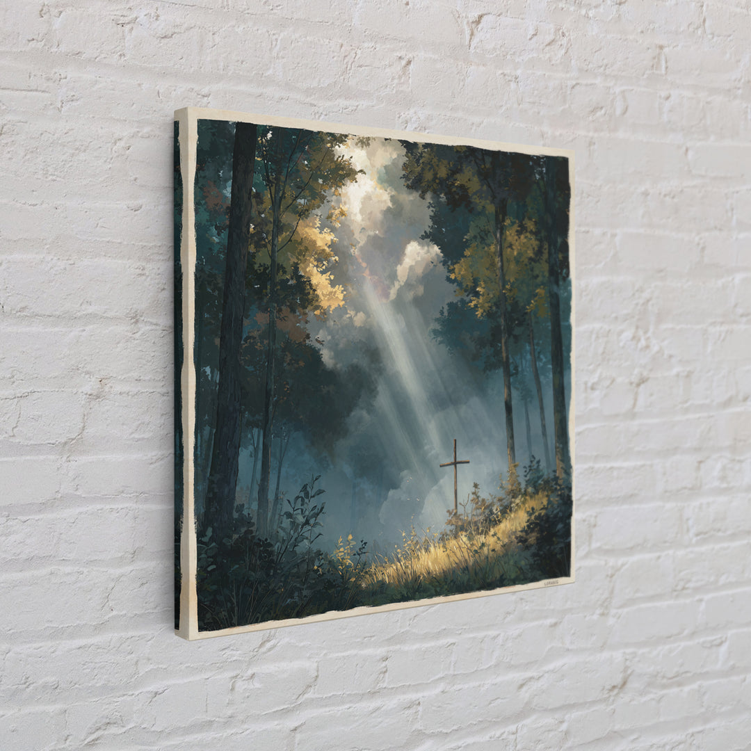 Sunbeams Over Forest Cross Wall Art, Peaceful Christian Canvas Print, Spiritual Nature Decor, Prayer Room Artwork, Faith Gift