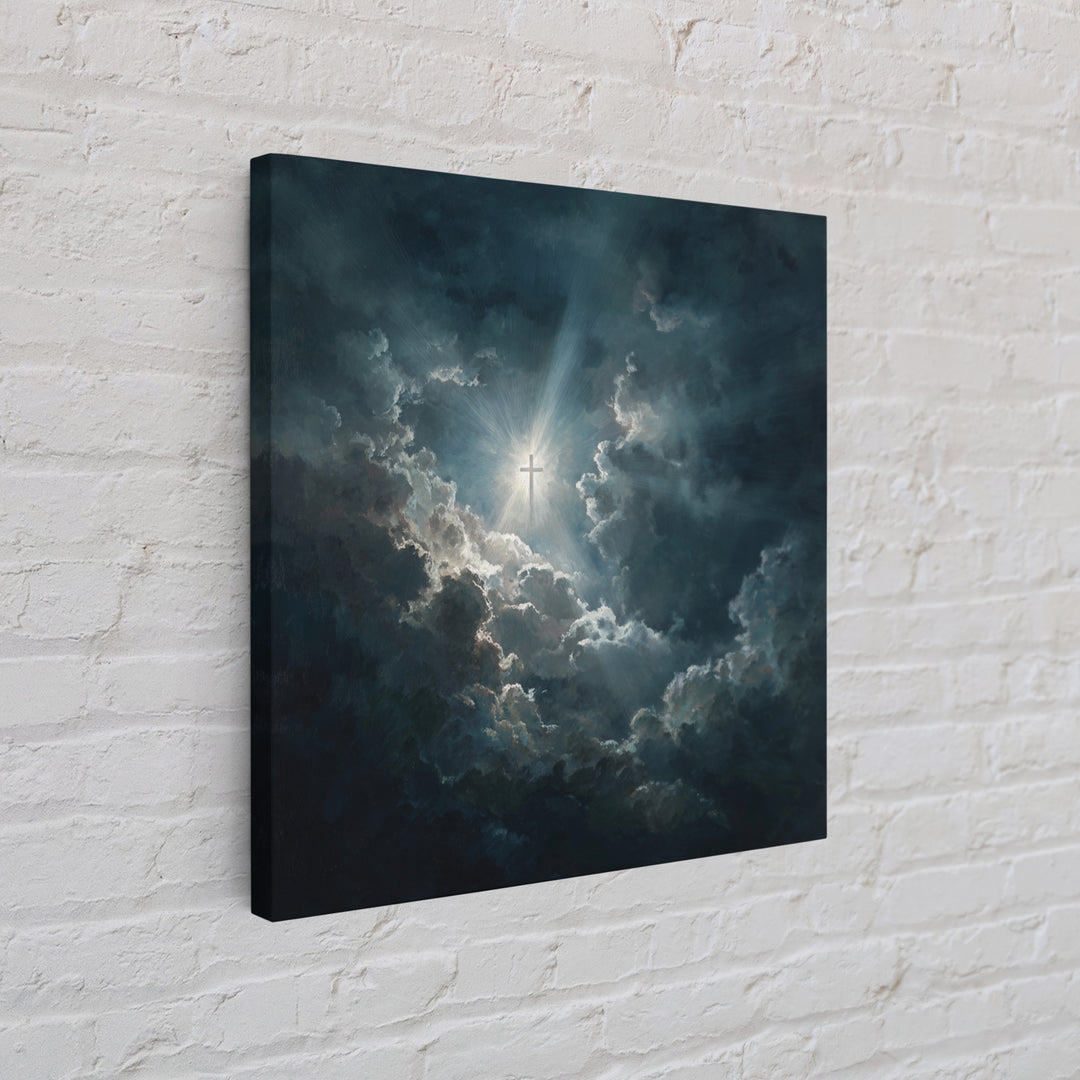 Radiant Cross In Storm Clouds Wall Art, Christian Inspirational Canvas Print, Spiritual Home Decor, Prayer Room Gift For Her