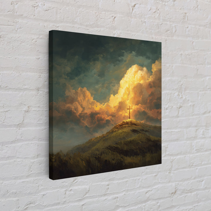 Glowing Cross On Hilltop Wall Art, Christian Landscape Canvas Print, Inspirational Clouds, Religious Home Decor Gift For Her