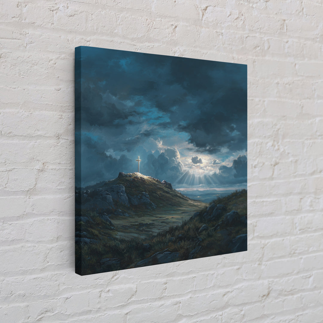 Glowing Cross On Stormy Hill Wall Art, Dramatic Christian Landscape Painting For Prayer Room Decor And Spiritual Gift Idea