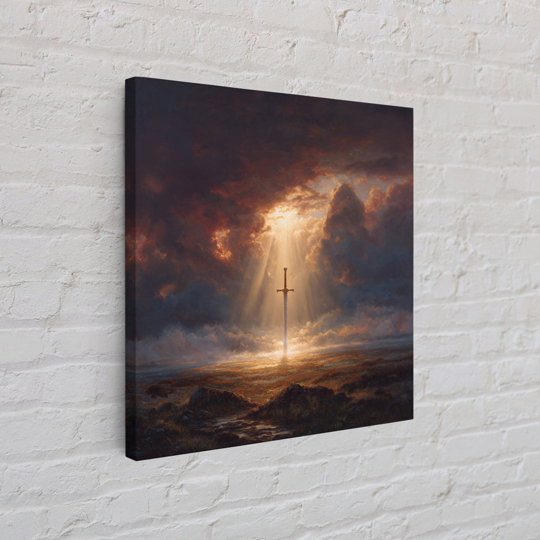 Sword Of Light In Stormy Field Framed Canvas Print, Christian Symbol Painting, Dramatic Landscape Wall Decor, Faith Gift