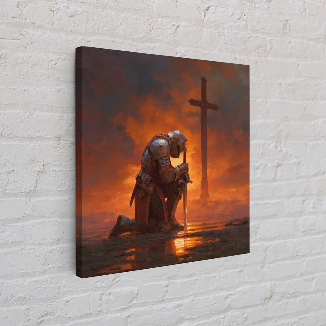 Kneeling Crusader Before Cross At Fiery Sunset Wall Art, Christian Canvas Print, Medieval Decor, Inspirational Gift For Him