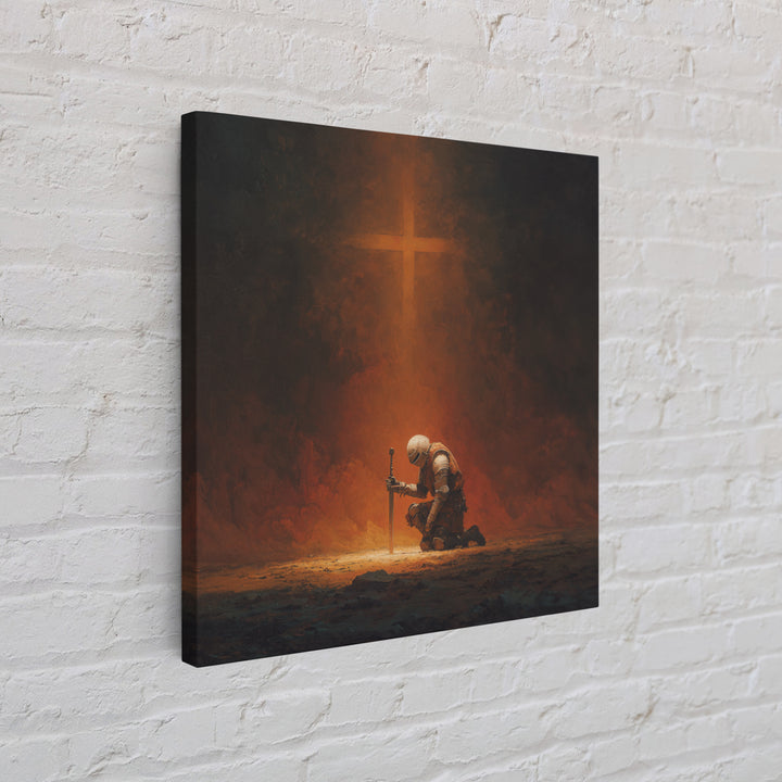 Kneeling Knight With Glowing Cross Framed Canvas Print, Christian Wall Art, Dark Fantasy Decor, Prayer Room Gift For Him Home Decor