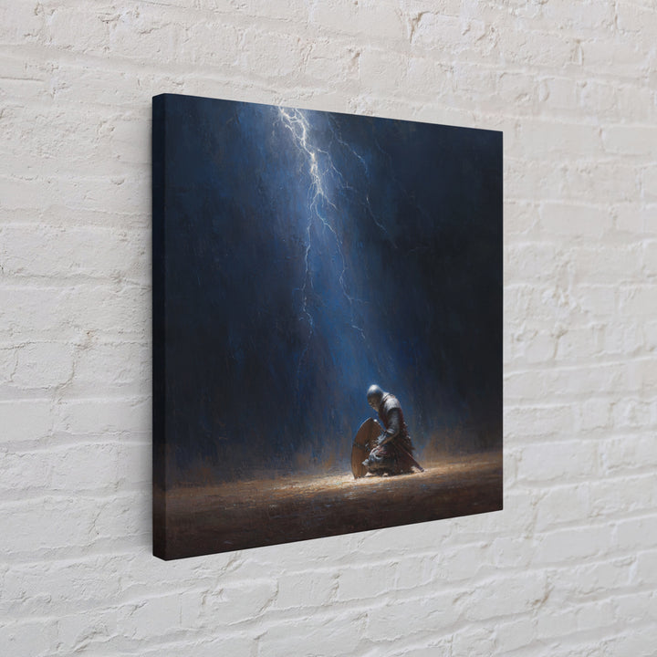 Kneeling Knight In Lightning Storm Wall Art, Dark Fantasy Medieval Canvas, Warrior Prayer Scene, Gothic Home Decor Unique Gift