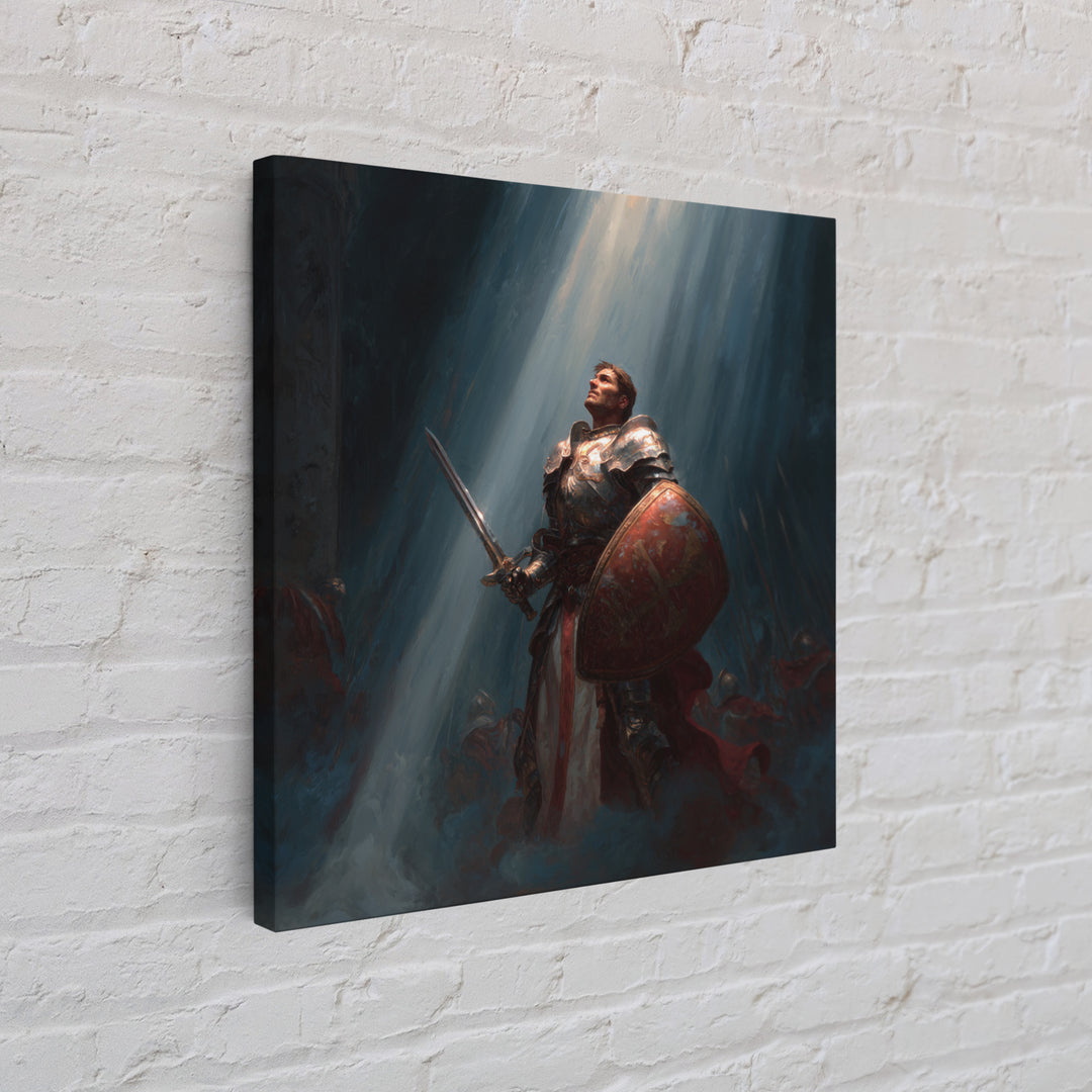 Heroic Knight With Sword And Shield In Divine Light Framed Canvas Print, Fantasy Wall Art, Medieval Wall Decor, Gift For Him