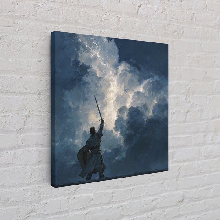 Warrior Raising Sword Into Lightning Canvas Print, Epic Fantasy Wall Art, Storm Clouds, Dark Heroic Medieval Home Decor Gift