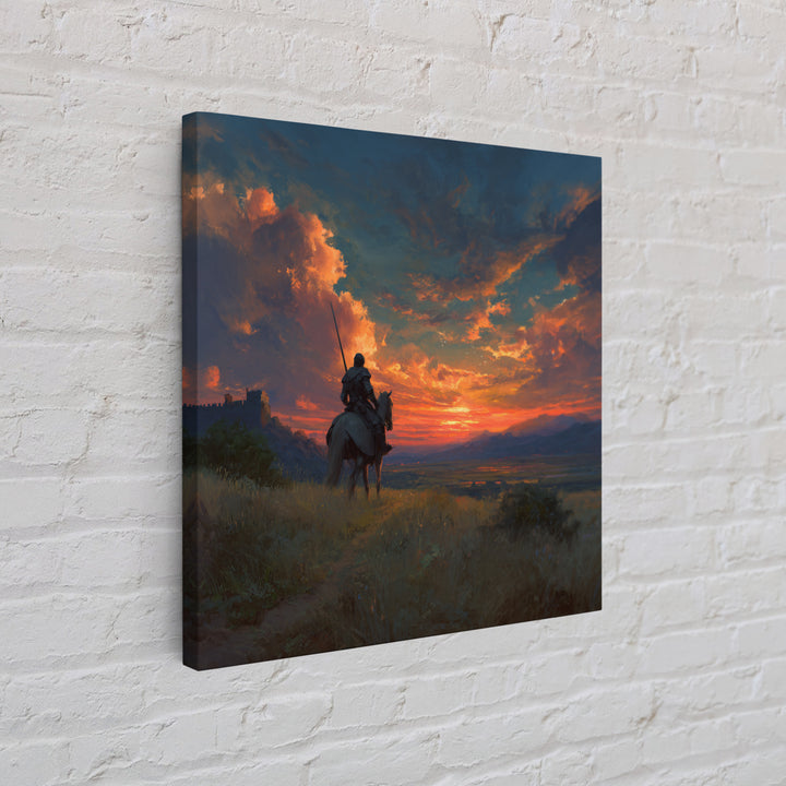 Armored Knight On Horseback At Fiery Sunset Canvas Print, Medieval Fantasy Wall Art, Dramatic Landscape Decor For Him Gift