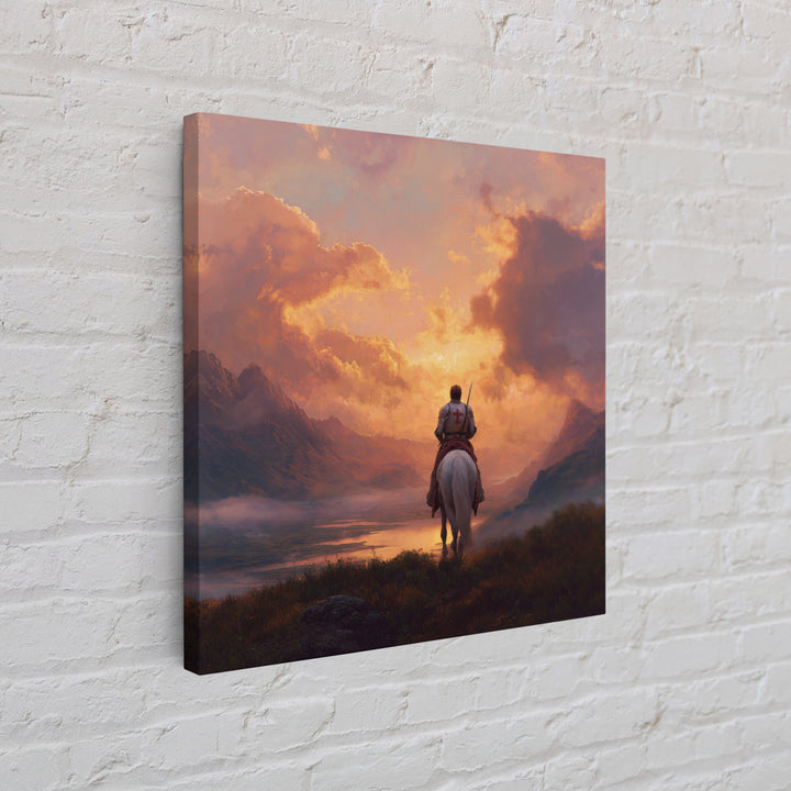 Lone Crusader Horseback Sunset Canvas Print, Epic Mountain Landscape Wall Art, Christian Artwork, Fantasy Art, Gift For Him