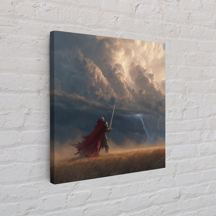 Armored Knight Facing Thunderstorm Wall Art, Dark Fantasy Canvas Print, Medieval Decor, Dramatic Warrior Gift For Him, Office Decor