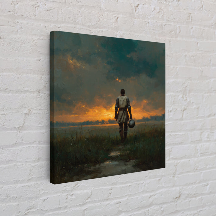 Lone Knight Walking Into Sunset Wall Art, Moody Medieval Landscape Canvas Print, Dark Academia Decor, Fantasy Gift For Him