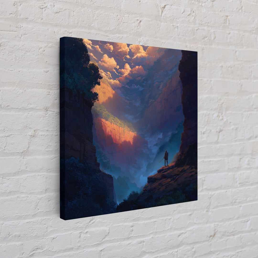Warrior Over Misty Canyon Wall Art, Epic Fantasy Landscape Canvas Print, Mountain Wall Art, Adventure Decor, Gift For Him