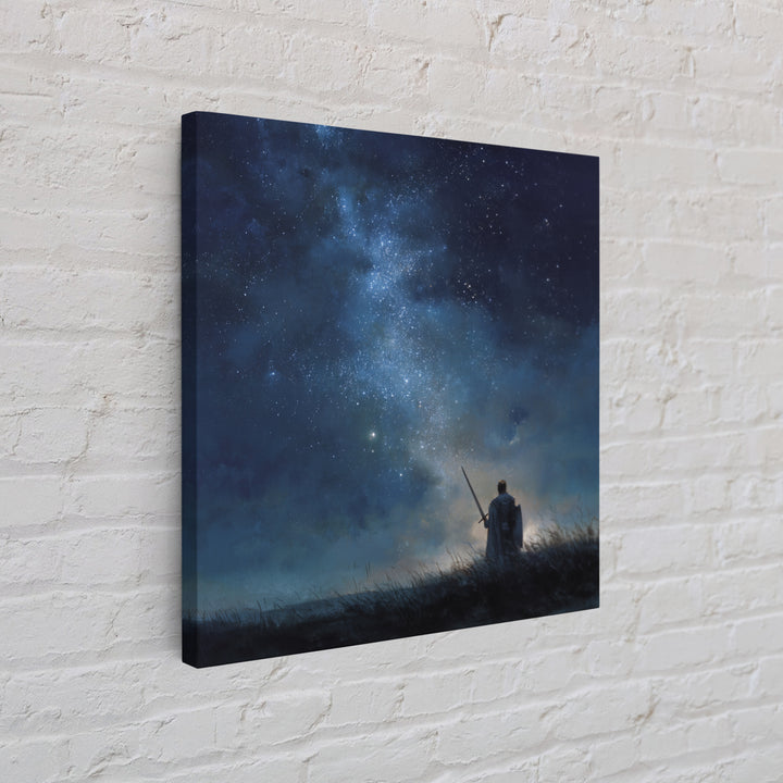 Starry Night Warrior With Sword Under Milky Way Canvas Print, Fantasy Wall Art, Celestial Decor, Mystical Bedroom Art Gift