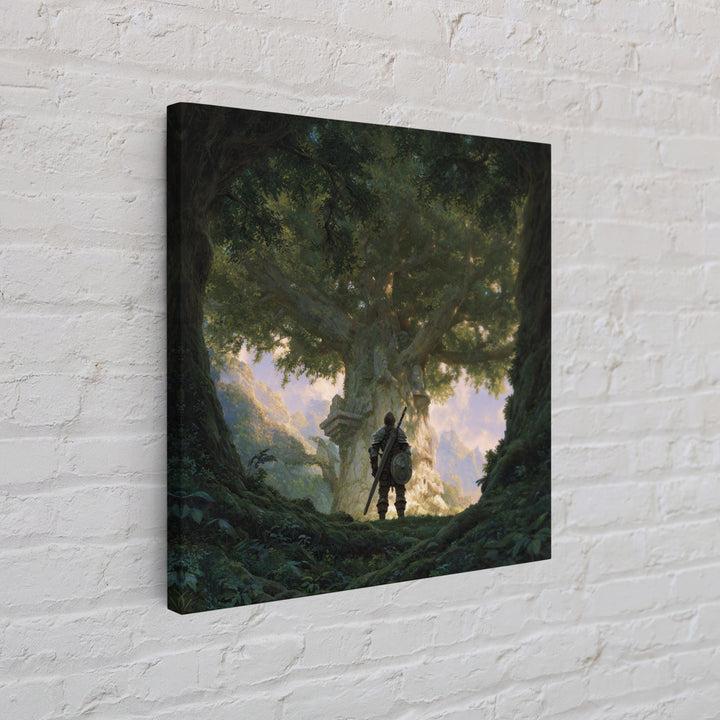 Warrior Before Ancient Tree Wall Art, Fantasy Forest Canvas Print, Enchanted Landscape Decor, Mythical Adventure Gift For Gamers