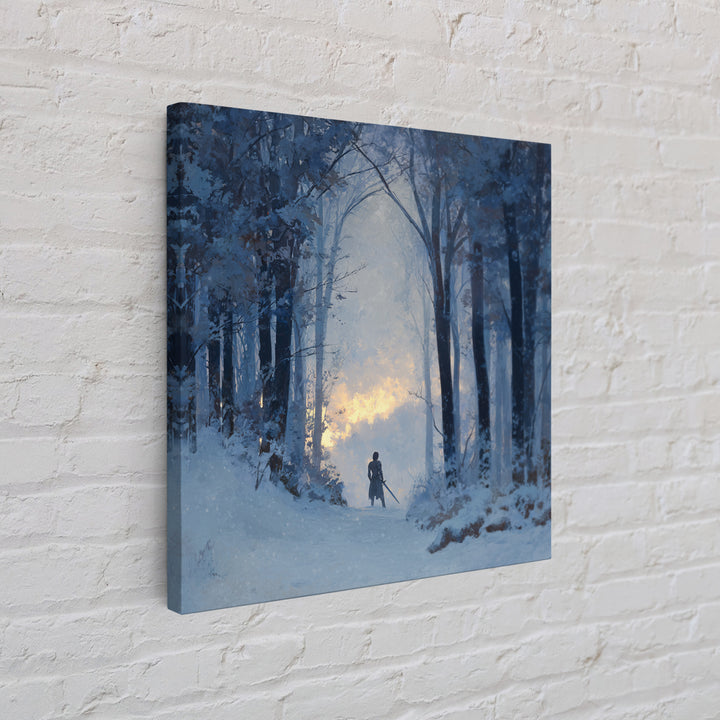 Blue Snowy Forest Wanderer Wall Art, Winter Landscape Canvas Print, Moody Nature Decor, Fantasy Adventure Gift For Him