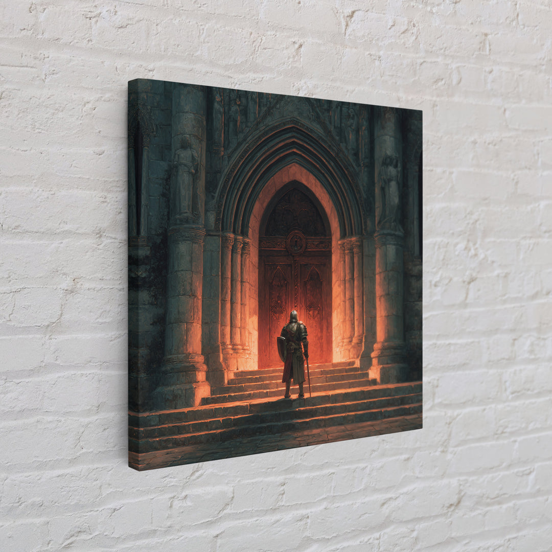 Armored Knight Before Gothic Cathedral Door Canvas Print, Medieval Wall Art, Dark Academia Decor, Gothic Fantasy Gift For Him