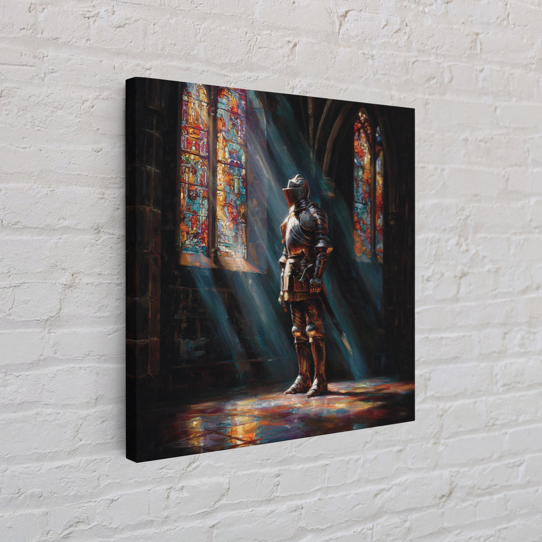 Armored Knight In Stained Glass Cathedral Wall Art, Gothic Castle Canvas Print, Medieval Decor, Dark Academia Fine Art Print