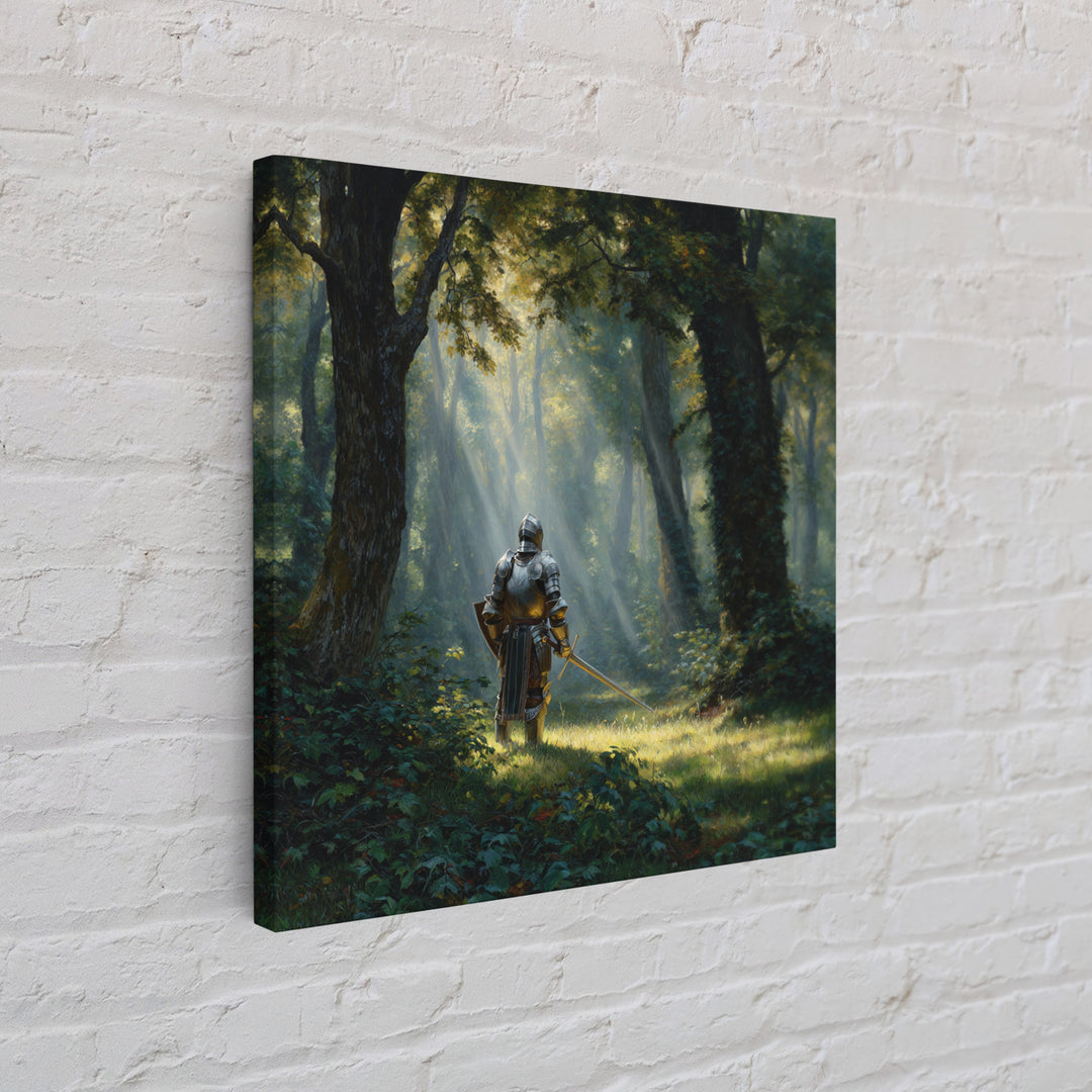 Armored Knight In Sunlit Forest Wall Art, Fantasy Canvas Print, Medieval Woodland Decor For Game Room Office And Home Decor