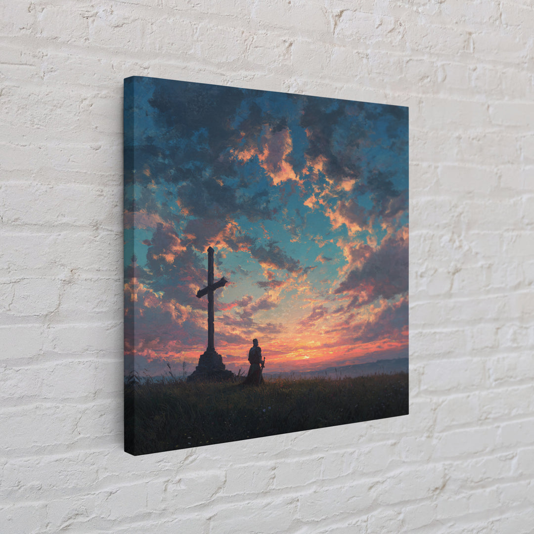 Knight Praying By Cross At Sunset Wall Art, Christian Landscape Painting, Bible Verse Decor, Inspirational Gift For Him Print