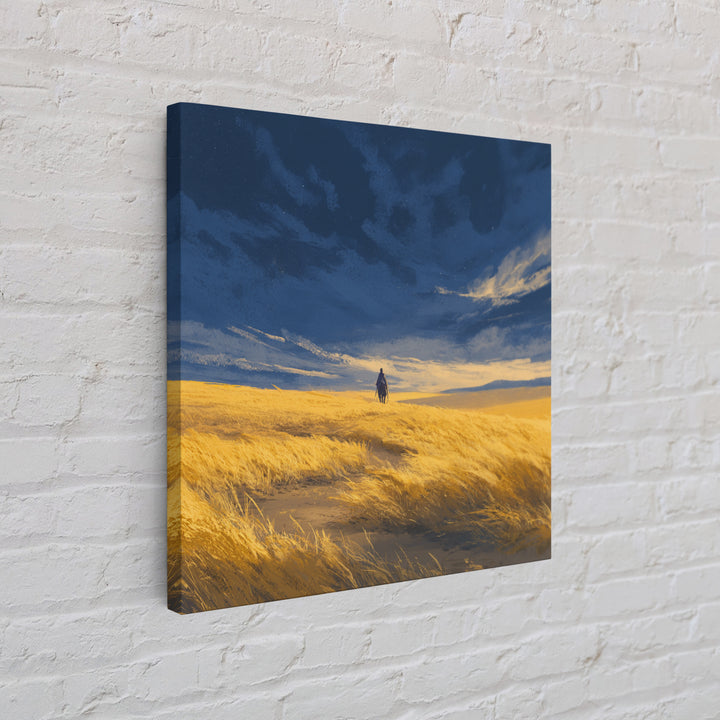 Lone Traveler In Golden Prairie Under Blue Sky Wall Art, Dreamy Landscape Canvas Print, Minimalist Nature Decor, Rustic Gift