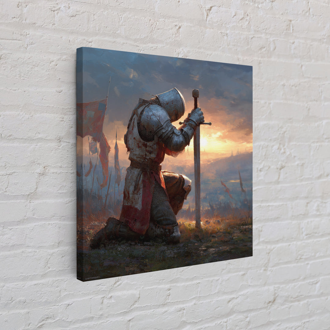 Kneeling Medieval Knight Wall Art, Fantasy Canvas Print, Warrior Sword Painting, Gothic Decor, Dark Academia Gift For Him