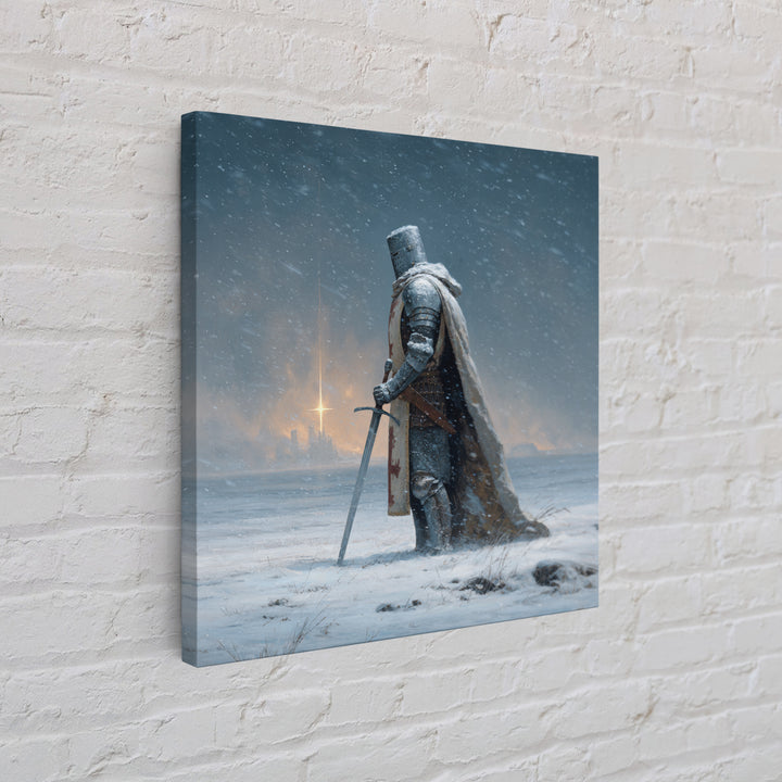 Snowy Medieval Knight Canvas Print, Fantasy Wall Art, Winter Warrior Sword Painting, Gothic Decor, Dark Academia Gift For Him