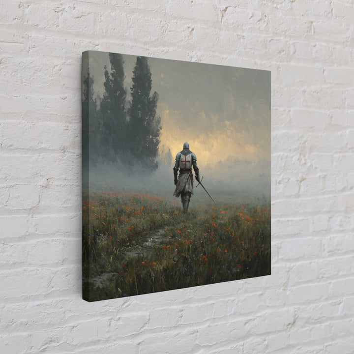 Misty Crusader Knight In Wildflower Meadow Wall Art, Medieval Landscape Canvas Print, Rustic Gothic Decor, Gift For Him Art